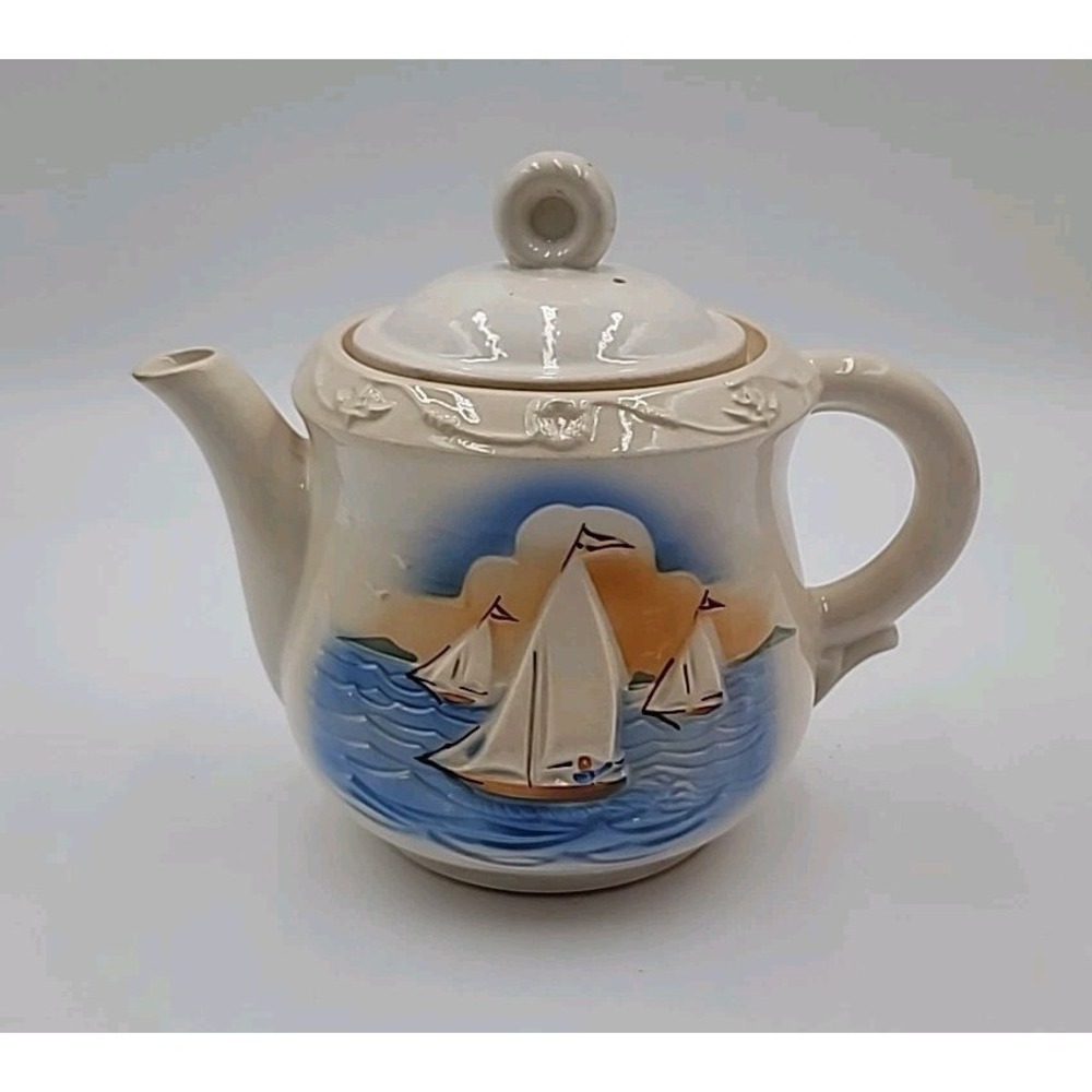 VTG Teapot‎ Nautical Sailboat Sail Boat Yacht Large Porcelain Pottery Lid 3D